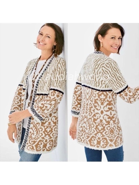Chico's Sweaters - CHICOS Pattern Mix Audrey Open Front Oversized Cardigan Eyelash 3/4 Sleeves XL